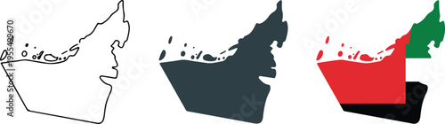 Set of three minimalist icons showing the map of the United Arab Emirates in outline solid and national flag styles for travel geography and middle eastern culture concepts isolated on white.