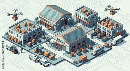 Isometric illustration of a modern logistics and distribution center with drones, trucks, forklifts, and warehouses, showcasing efficient supply chain operations.