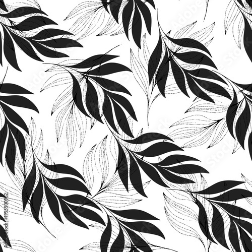 Abstract floral background. Seamless monochrome pattern with hand drawn plants. Vector. Black and white. Contours and silhouettes. Perfect for wallpaper, wrapping, fabric and textile. 