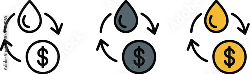 Set of three minimalist icons showing a circular exchange between a water or oil drop and a dollar coin symbol for energy trading fuel costs and resource economy concepts.