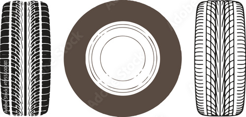 Set of three minimalist tire icons in outline solid and detailed tread styles for automotive service garage and transportation maintenance vector illustration isolated on white.