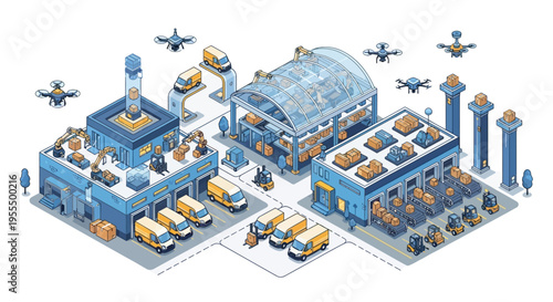 An isometric illustration depicting a futuristic, automated smart factory with drones, autonomous vehicles, and advanced robotics, showcasing modern industrial processes and logistics.