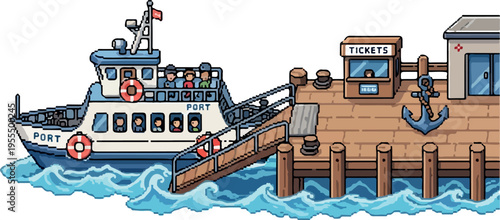 Pixel art ferryboat approaching a wooden pier with a ticket booth and passengers boarding