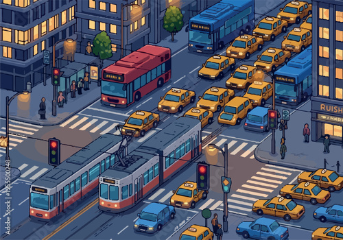 Busy city intersection with traffic jams and public transport including buses and trams