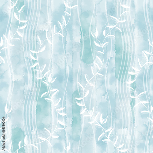 Abstract floral background. Seamless monochrome pattern with hand drawn branches and vertical wavy lines on blue watercolor. Vector. Perfect for wallpaper, wrapping, fabric and textile. 