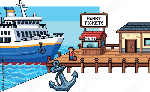 Pixel art of a person waiting at a ferry ticket booth by a docked passenger ship, with a large anchor in the foreground
