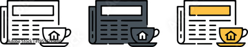 Set of newspaper and coffee cup icons with house symbol in line, gray, and color minimalist vector design