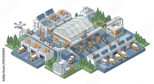 Isometric view of a modern, automated logistics and distribution center with drones, robots, and delivery vehicles.