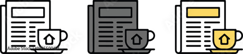 Set of newspaper and coffee cup icons with house symbol in line, gray, and color minimalist vector design