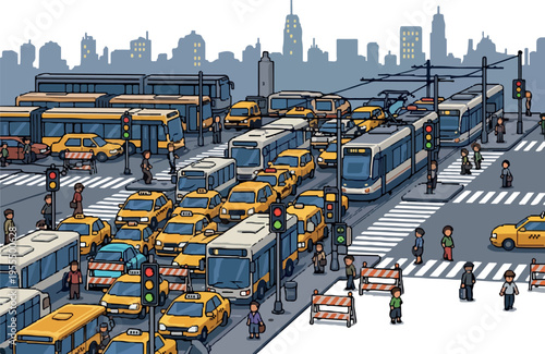 A bustling city street scene filled with yellow taxis, buses, and trams, depicting a busy urban environment with traffic congestion