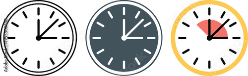 Set of three minimalist wall clock icons in outline solid and highlighted styles for time management scheduling productivity and deadline concepts isolated on white background vector illustration.