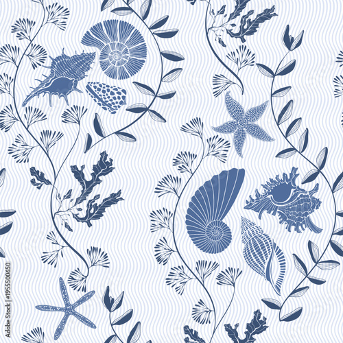  Seamless pattern with  shells, nautilus,  starfish, water plant on blue waves background. Abstract marine background. Vector. Perfect for design templates, wallpaper, wrapping, fabric, print 