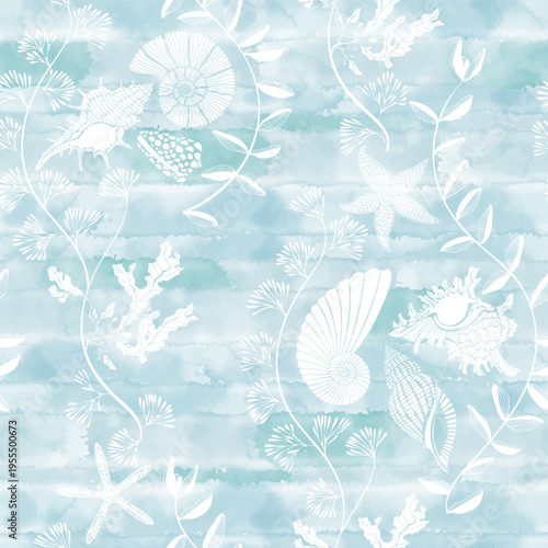  Art sea background with sea creatures and seaweed on blue watercolor. Seamless vector pattern. Perfect for design templates, wallpaper, wrapping, fabric, print and textile. Monochrome.