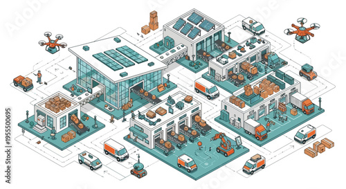 An isometric illustration depicting a futuristic, automated logistics and distribution center with drones, autonomous vehicles, and robotic arms.