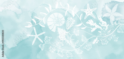 Art sea background vector. Luxury design with shells, nautilus,  starfish, water plant and  watercolor splash. Template design for text, packaging, prints, layout decorative greeting card