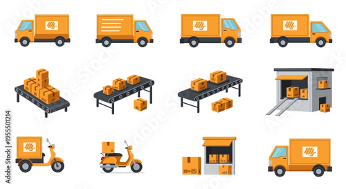 Collection of isometric icons representing logistics and delivery services, including trucks, scooters, conveyor belts, and a warehouse.