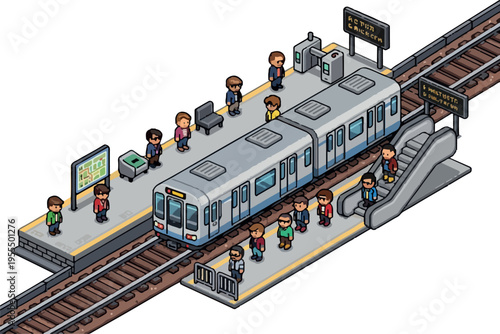 Isometric view of a bustling subway station with passengers boarding a train and an escalator leading to the platform