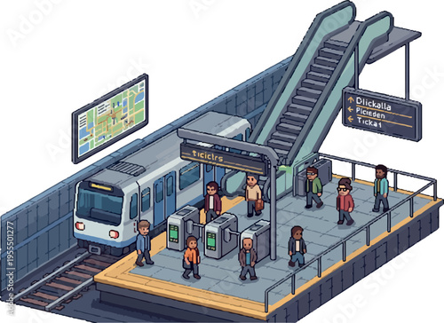 Isometric illustration of a busy subway station with people, escalators, and a train arriving at the platform