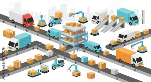 Automated logistics and delivery system with conveyor belts, robots, and trucks.