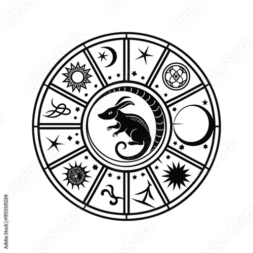 Zodiac wheel vector illustration with astrology symbols