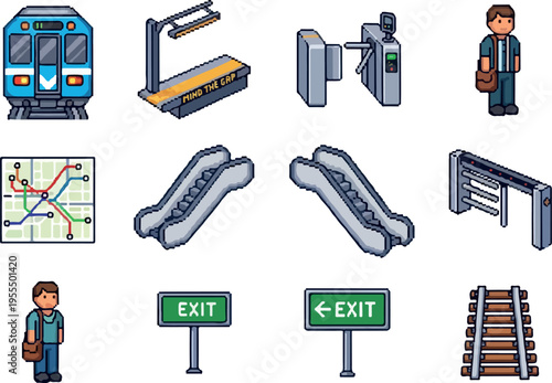Pixel Art Icons Representing Public Transportation Systems Including Trains, Stations, and Ticketing Gates