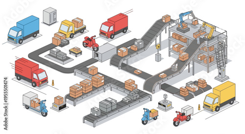 Isometric illustration of a modern logistics and delivery system with conveyor belts, trucks, scooters, and a warehouse.