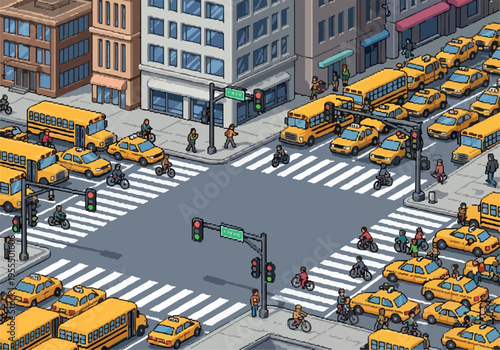Isometric street view of a busy city intersection filled with yellow taxis and school buses, traffic lights, and pedestrians