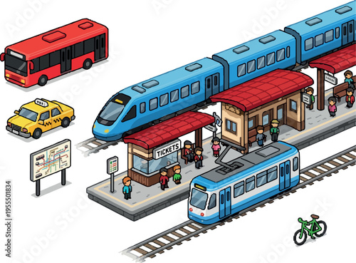 An isometric view of a bustling city transportation hub, featuring a variety of public transit options including buses, trains, trams, and taxis, along with a subway map and a bicycle