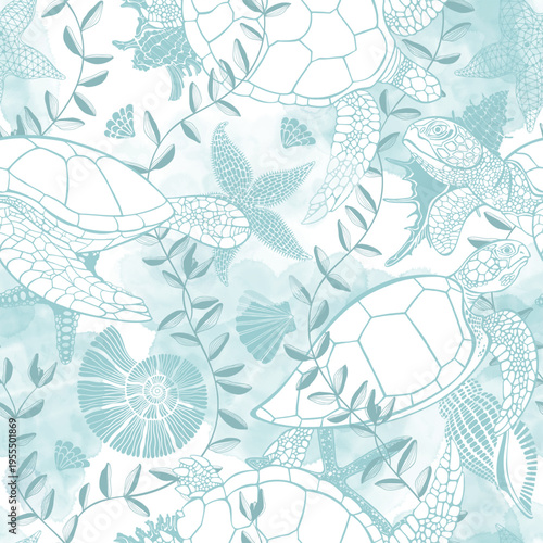  Seamless pattern with  turtles, shells, nautilus,  starfish, water plant, blue watercolor splashes on white background. Abstract marine background. Vector. Perfect for design templates, wallpaper, wr