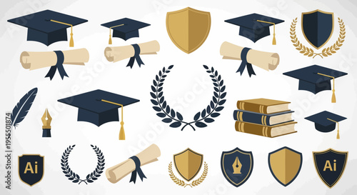 Graduation and Academic Education Icon Set with Mortarboard Caps, Diplomas, Shields, Laurel Wreaths and Books