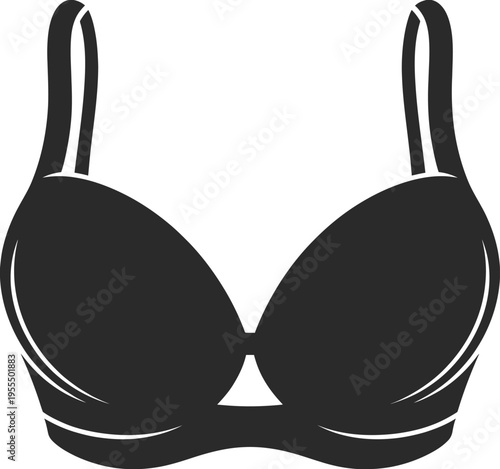 A black silhouette illustration of a classic push up brassiere featuring two cups and thin straps isolated on white background, Vector, illustration