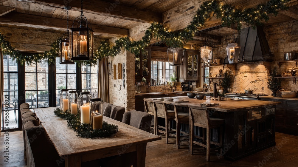 Fototapeta premium Cozy Rustic Christmas Kitchen and Dining Area with Warm Lighting