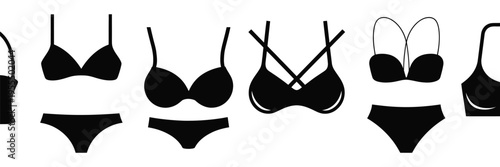 A collection of various styles of black lingerie sets featuring different bra and panty designs isolated on white background, Vector, illustration
