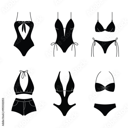 Collection of various black silhouette women swimwear designs for summer beach fashion apparel isolated on white background, Vector, illustration