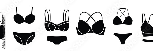 Collection of various black silhouette icons representing different styles of women lingerie sets isolated on white background, Vector, illustration