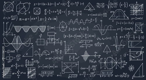 Complex Mathematical Formulas and Physics Equations on Blackboard Background. Scientific Research and Educational Concept Illustration.