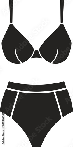 A black silhouette icon representing a two piece swimsuit with a bra top and high waisted bottom isolated on white background, Vector, illustration