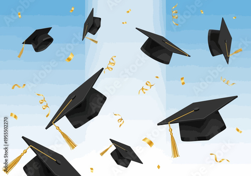 Graduation Caps Thrown in the Air with Gold Confetti on Blue Sky Background - Celebration of Academic Achievement and Success