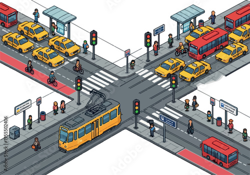 Isometric crossroad with vehicles, tram and pedestrians in a city street scene