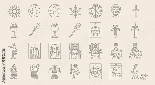 Collection of ancient tarot and astrology symbols with mystical and esoteric design elements
