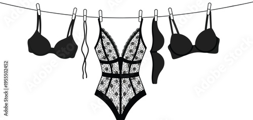 Black lace bodysuit and assorted bras hanging on a clothesline for drying or laundry display isolated on white background, Vector, illustration