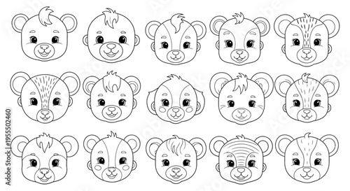 Collection of 15 adorable cartoon animal faces with diverse expressions and species including
