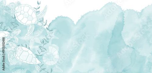Sea. Pre-made design with turtles, shells, starfish, sea creatures, watercolor splash and place for text. Vector layout decorative greeting card or invitation design background. 