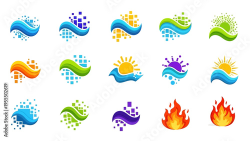Collection of colorful water wave and sun icons representing themes of nature and energy