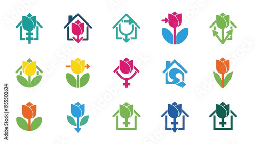 Collection of colorful insect and flower icons with house and security symbols