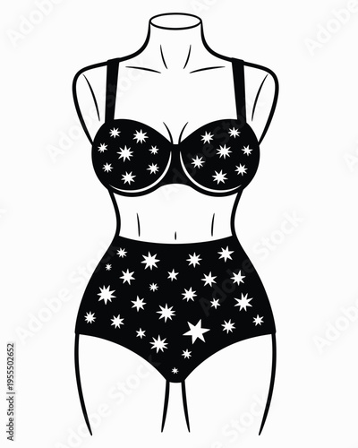 Black and white illustration of a woman wearing a high waisted bikini with a star print pattern isolated on white background, Vector, illustration