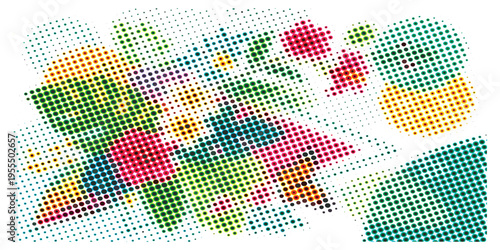 Abstract Halftone Pattern with Colorful Geometric Shapes and Dots.