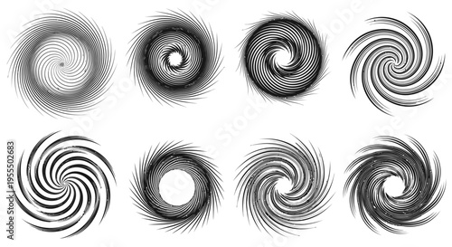 Collection of eight black and white swirling spiral vector patterns for graphic design and digital
