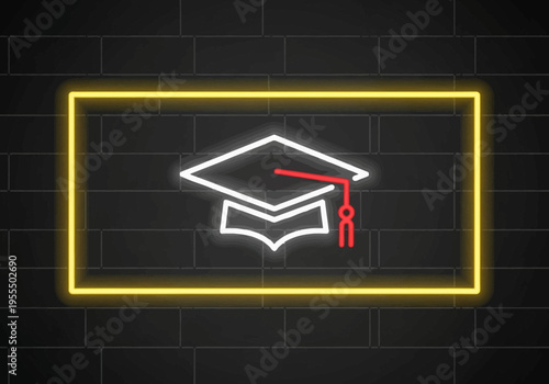 Glowing Neon Graduation Cap Mortarboard Sign for Academic Achievement on Black Brick Wall