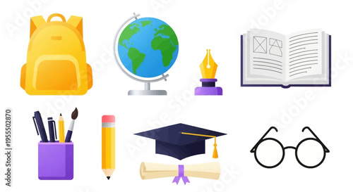 Back to School and Education Icon Set with Graduation Cap, Diploma, Globe, Backpack, and Stationery. Vector Illustration for Academic Learning and Success Concept.